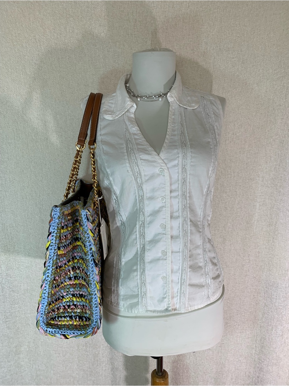 Tory Burch Ella Raffia Melange Multicolor Small Chain Tote - Picture 10 of 16